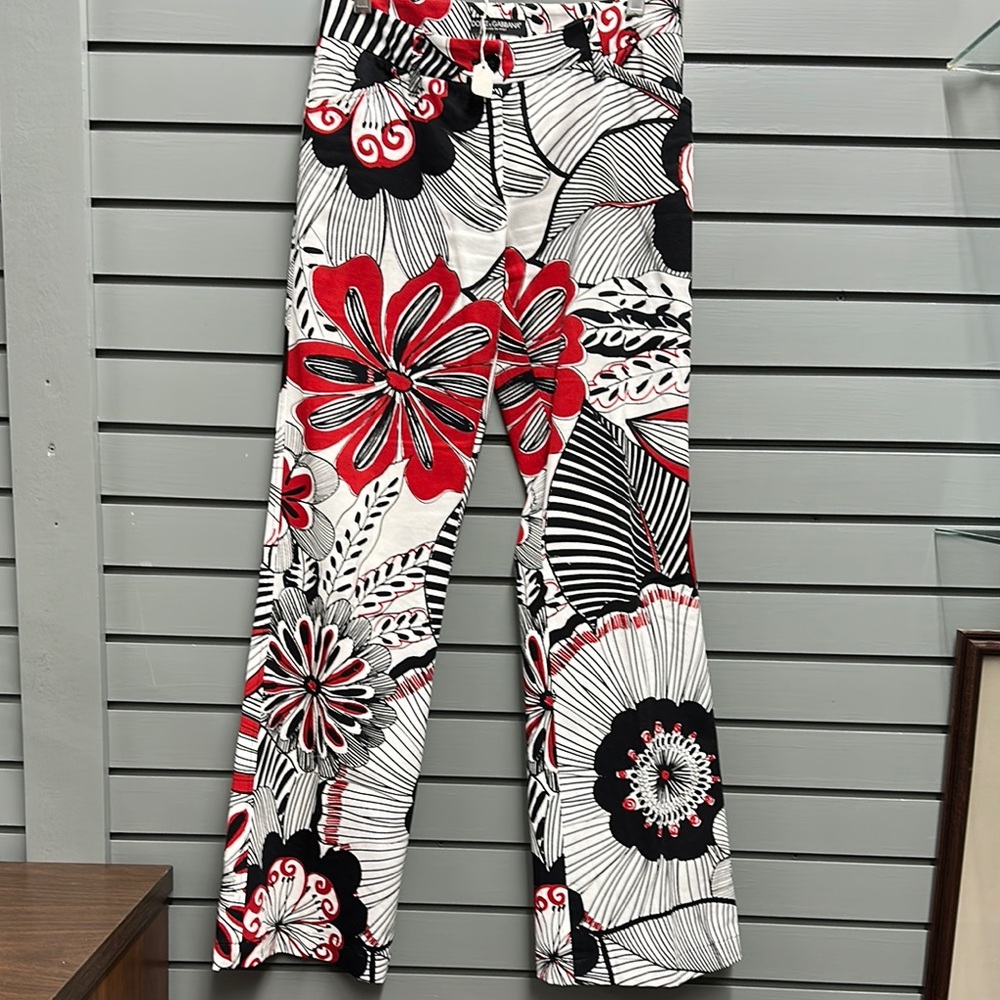 Dolce & Gabbana Red and Black Floral Wide Leg Pants